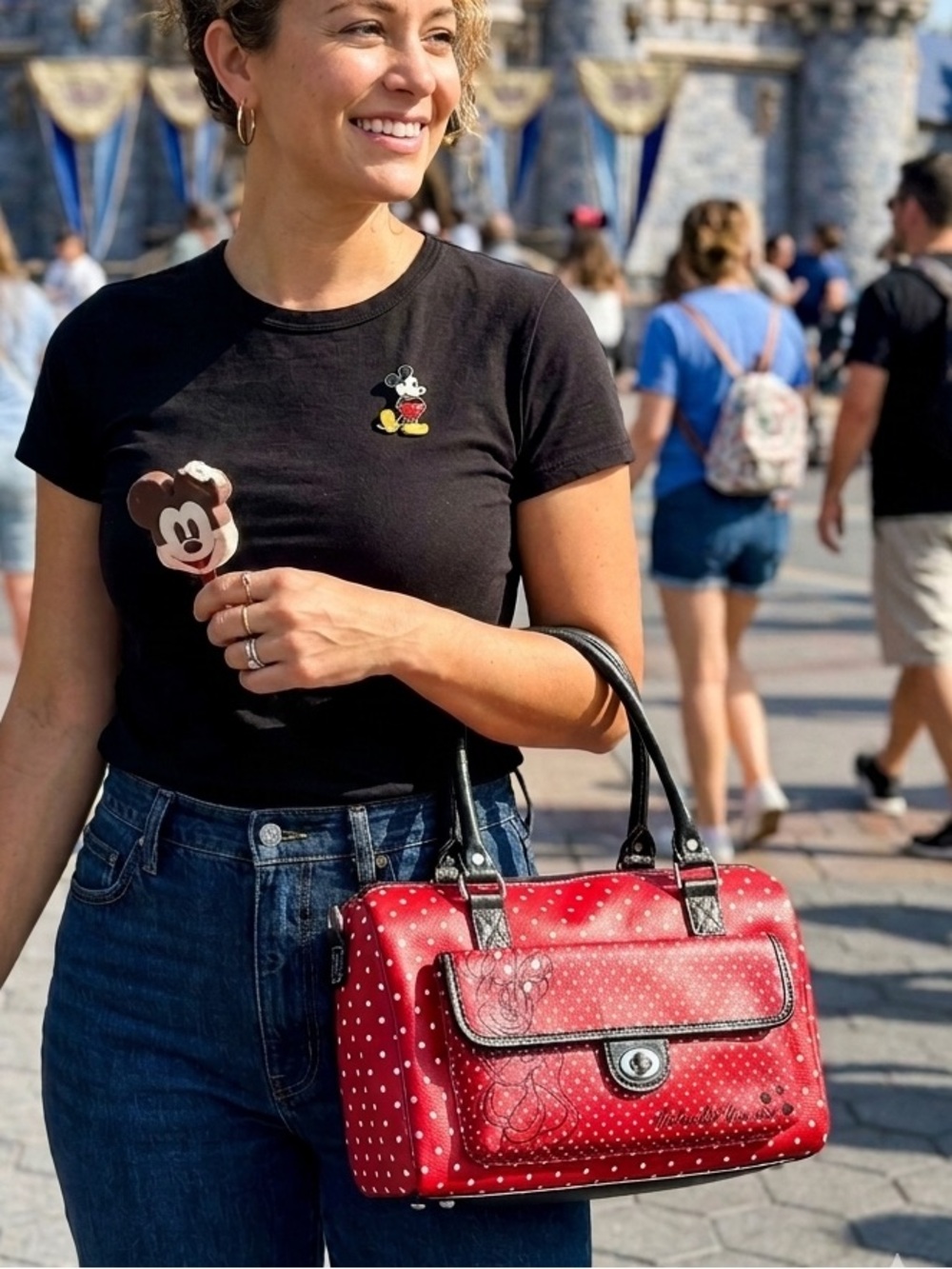 Disney Parks Red Polka Dot Satchel with Black Trim NWT